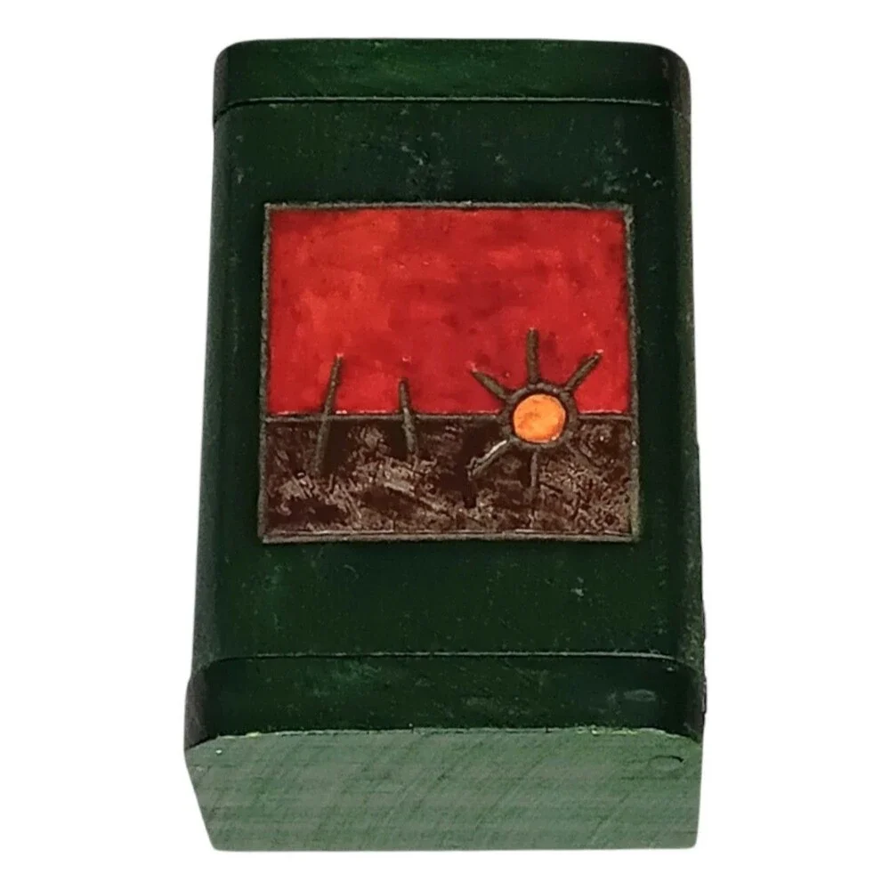 Vintage Carved Wood Trinket Box Green Red Brown With Sun From Colombia 3x2x1.25